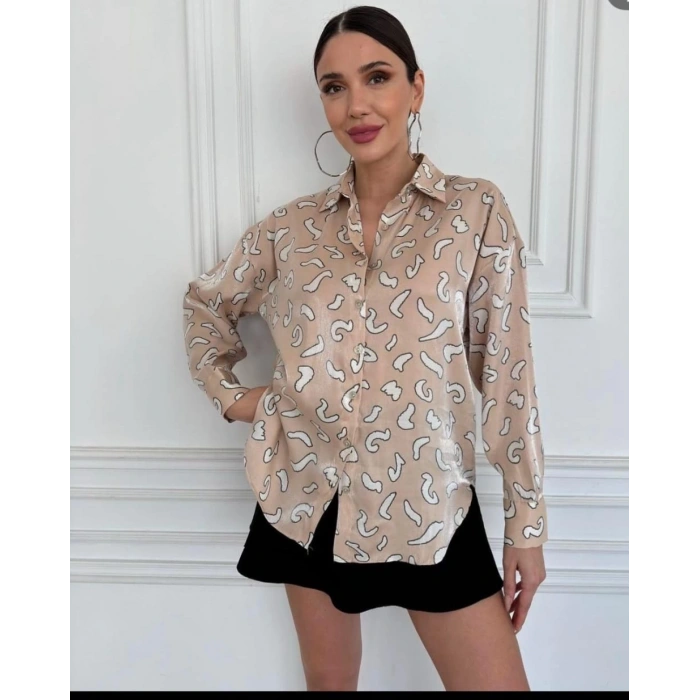 Kahve R. Saten Desenli Uzun Kol  Oversize Bayan Gölek