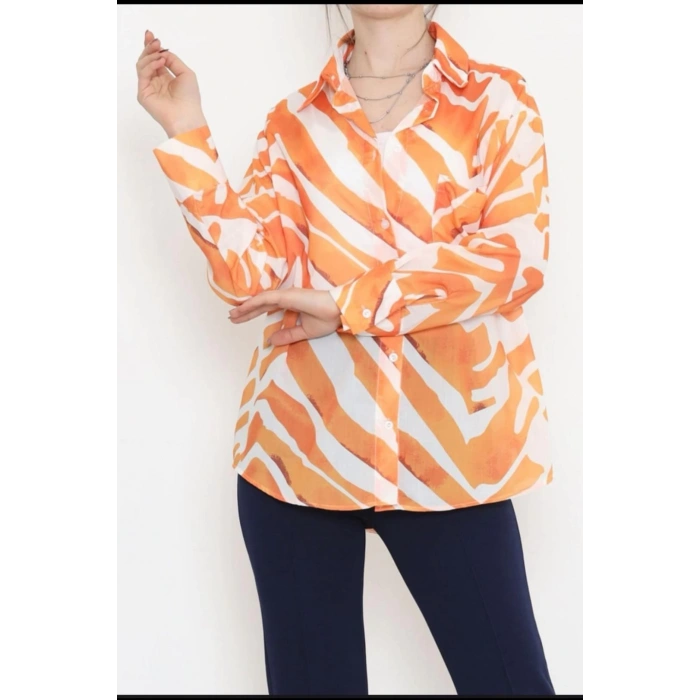 Turuncu Desen Saten Uzun Kol Rahat Kalıp Bayan Gömlek