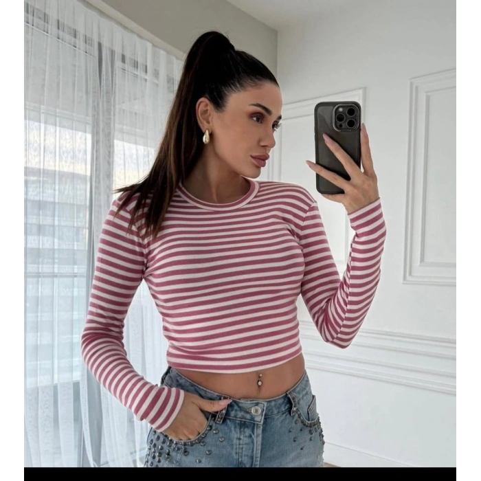 Çizgili Kısa Bayan Uzun Kol Rikralı Bayan Crop