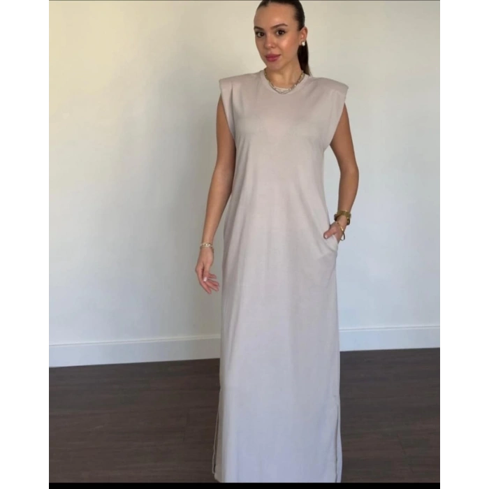 Omuz Vatkalı Taş Cepli Yan Yırtmaçlı Uzun Elbise