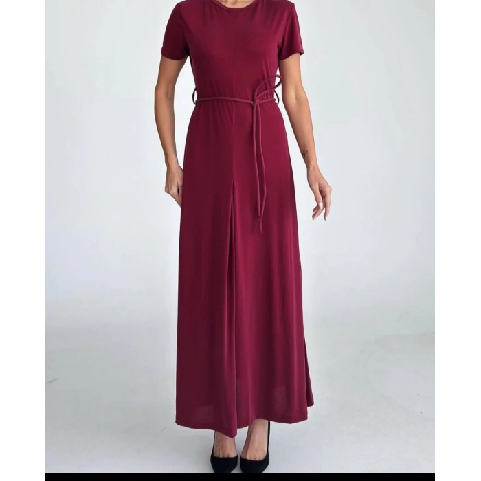 Bordo R. Bel İpli Modal Uzun Elbise