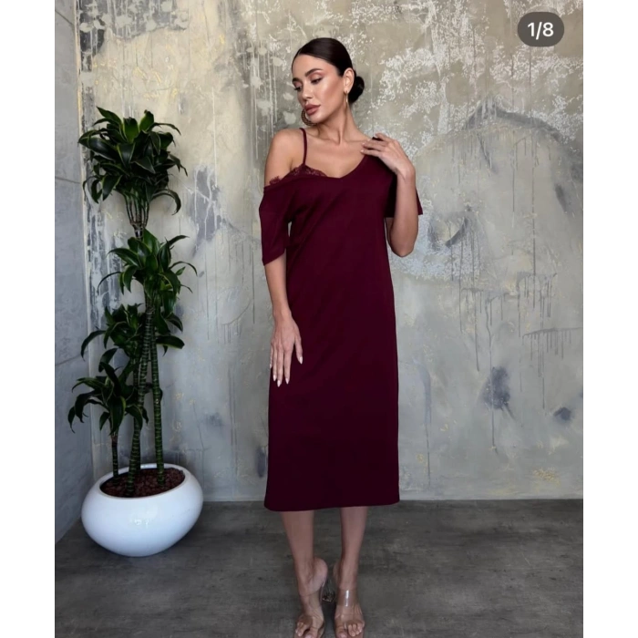 Bordo R. Yaka Dantel Süprem Kadın Elbise