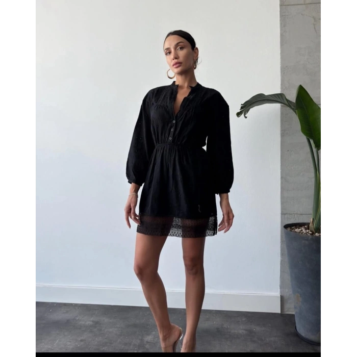 Siyah R. Gipeli Uzun Kol Dantel Gecişli Mini Elbise