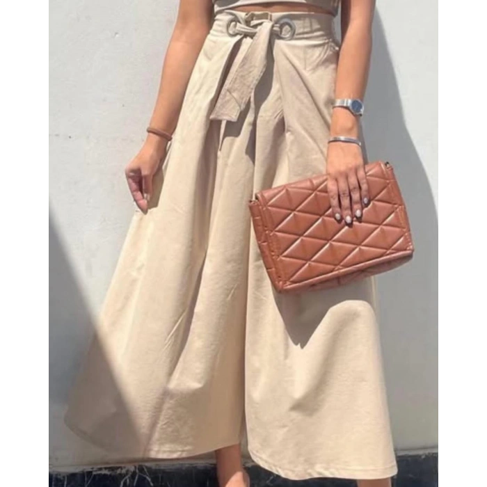 Krem R.Bel Kemer Detaylı Bol Paca Bayan Pantolon