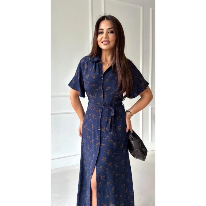 Lacivert R. Çiçek Desenli Kemerli Boydan Düğmeli Gömlek Ebise