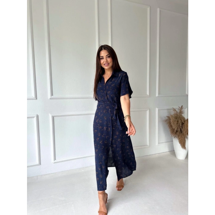 Lacivert R. Çiçek Desenli Kemerli Boydan Düğmeli Gömlek Ebise