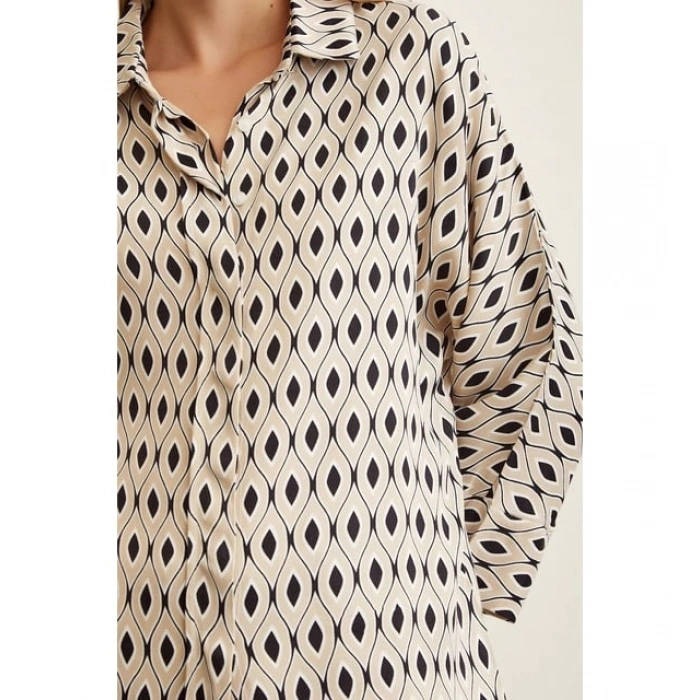 Bej R. Yarasa Kol Saten Kendinden Desenli