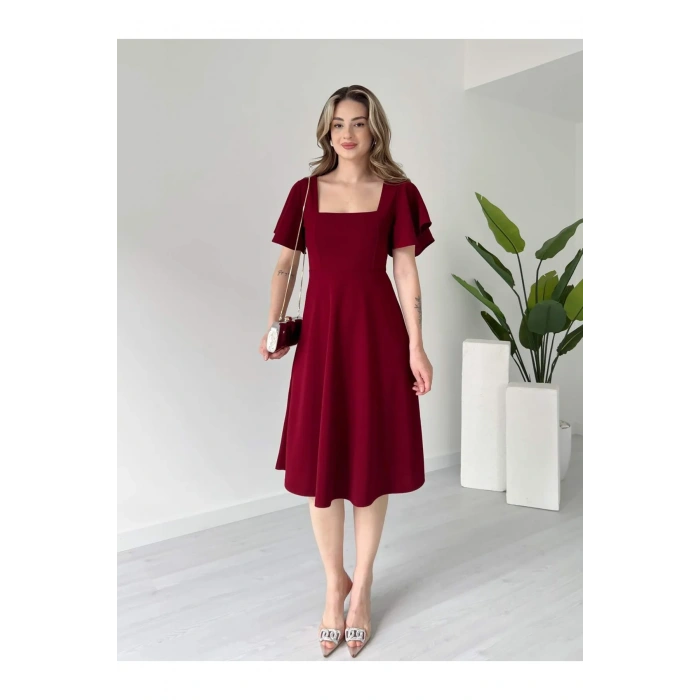 Bordo R. Kare Yaka Midi Boy Elbise