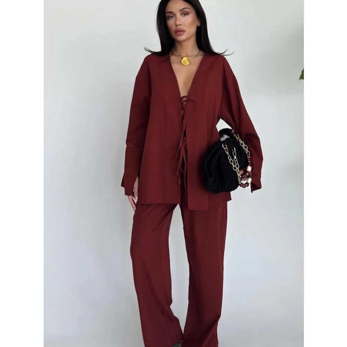 Bordo R. Kimono Önü Bağcıklı Bayan  İkili Takim