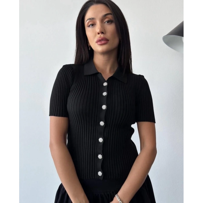 Siyah R. Fitilli Örme Yarım Kol Düğme Taş Detaylı Bayan Bluz