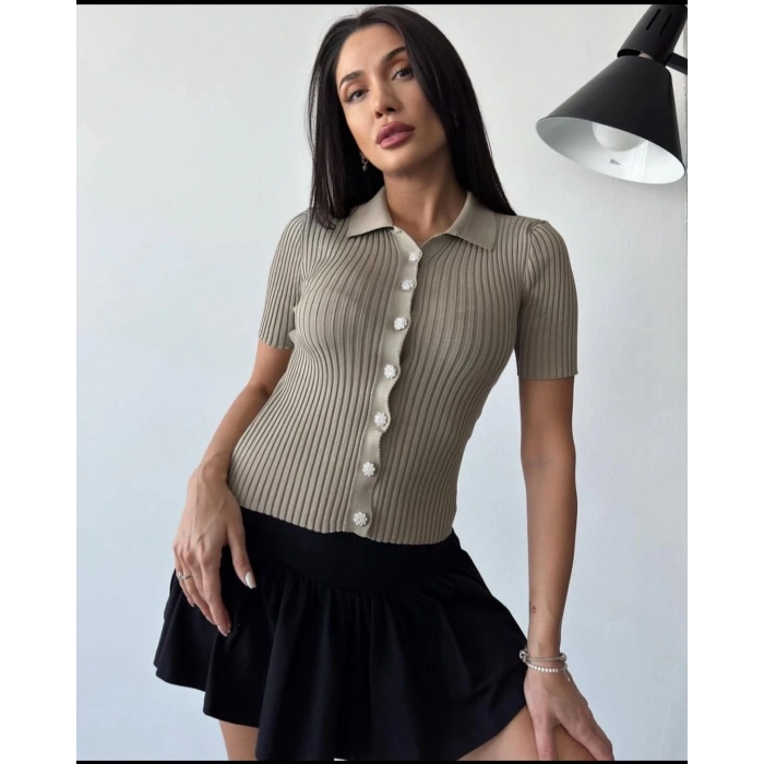 Taş R. Fitilli Yarım Kol Düğme Detaylı Bayan Bluz