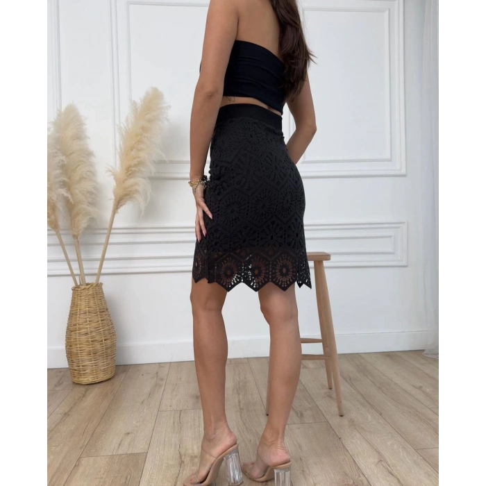 Siyah R.Dantel Kumaş Kendinden Desenli Midi Boy Etek