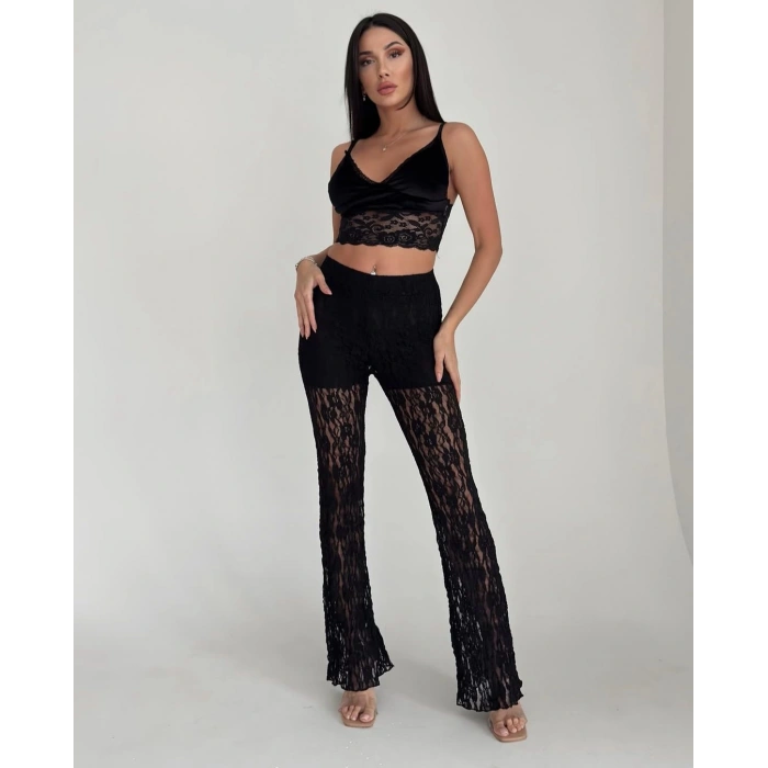 Siyah R. Dantel İşleme Bol Paça Bel Lastikli  BayanPantolon