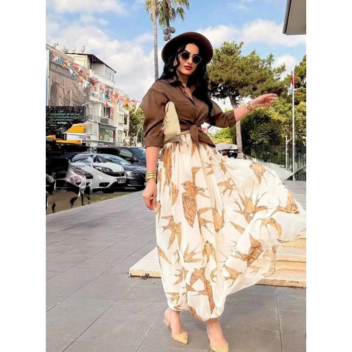 Krem R. Kendinden Desenli Bel Lastikli Şifon Etek