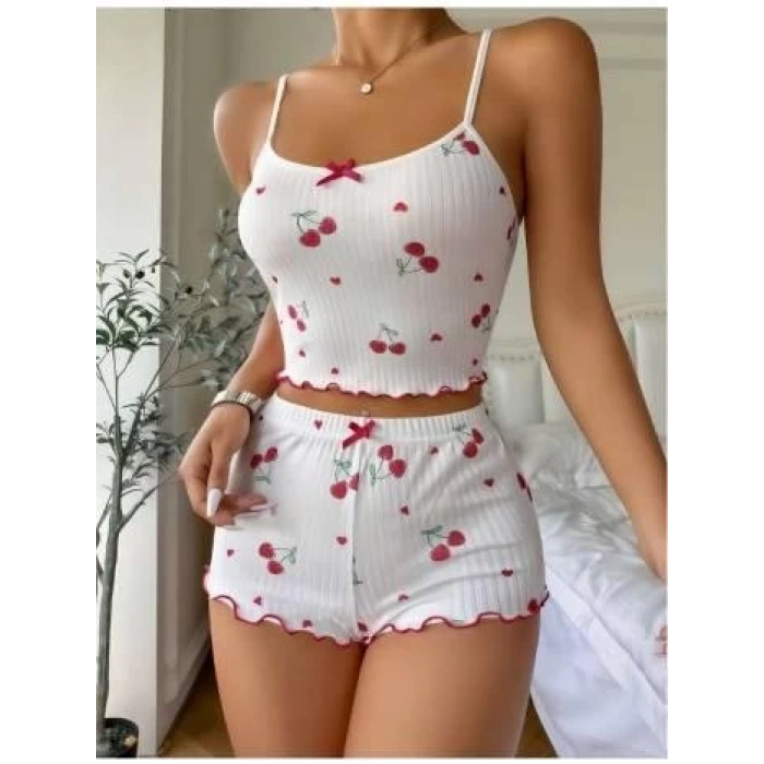 Beyaz R.  Kiraz Desen Askılı Pamuk  Şort Takım