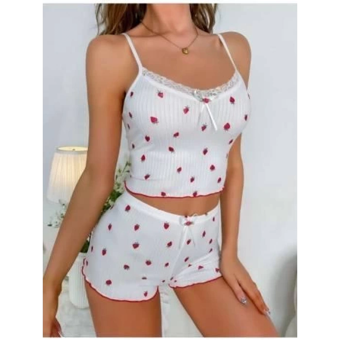 Çilek Desen Askılı Pamuk Kadın Şort Takım