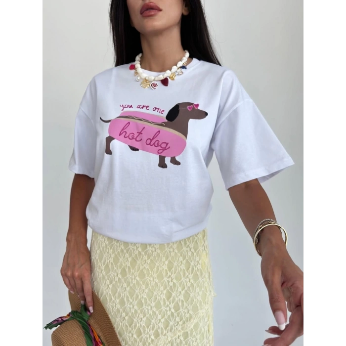 Beyaz R.Önü Renkli Baskili Bayan Tshirt