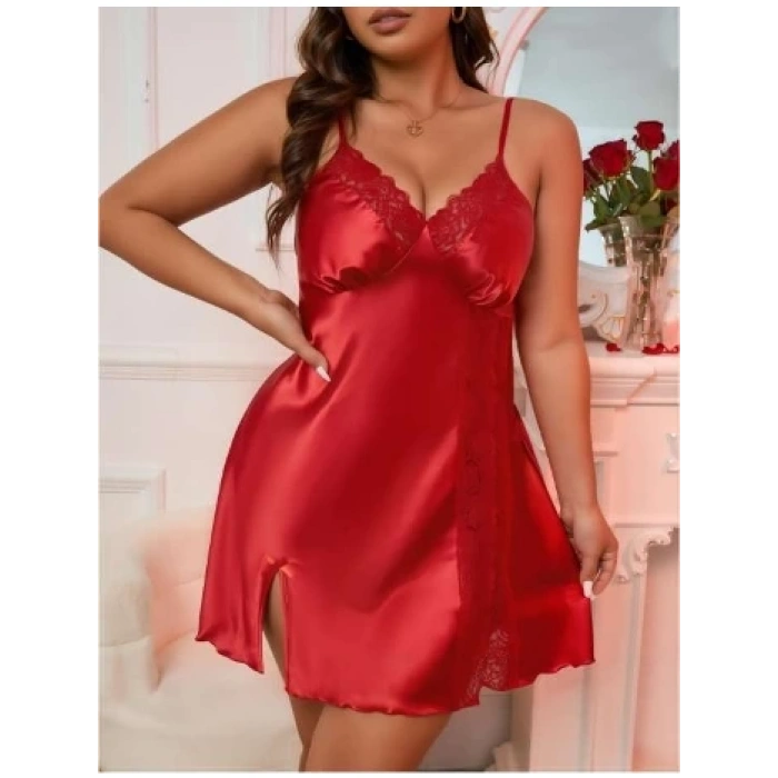 Kirmizi R. Saten Askılı Mini Dantteli Büyük Beden  Seksi Gecelik