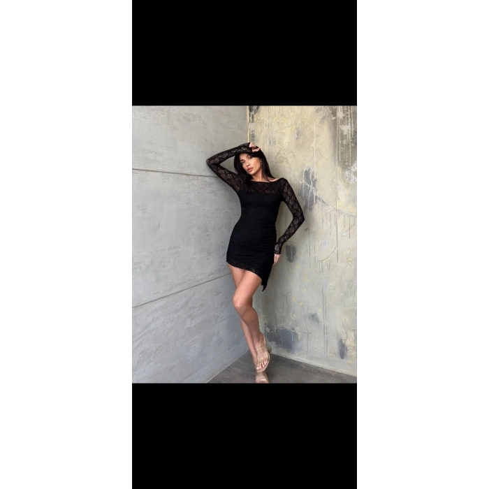 Siyah R. Dantel Kumaş Uzun Kol Bayan Elbise