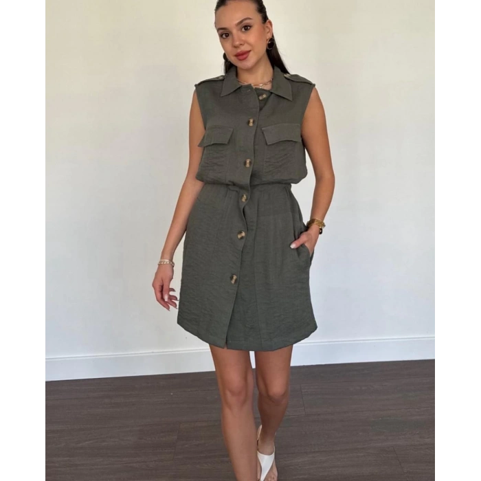 Haki R.Sıfır Kol Keten Önü Düğmeli Cepli Gömlek Elbise