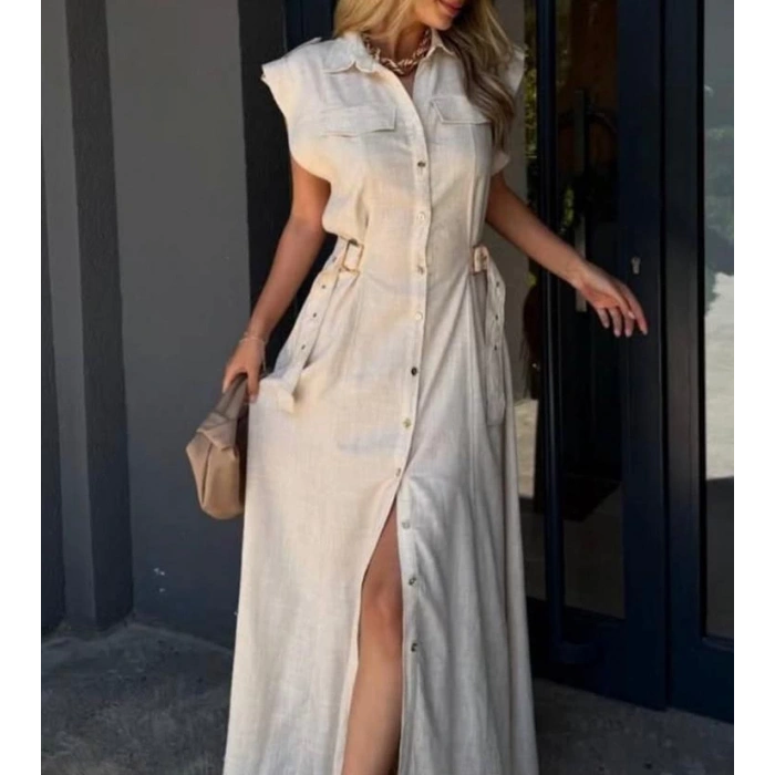 Keten Bej R.Önü Düğmeli Yanlar Kemer Detayli Gömlek Elbise