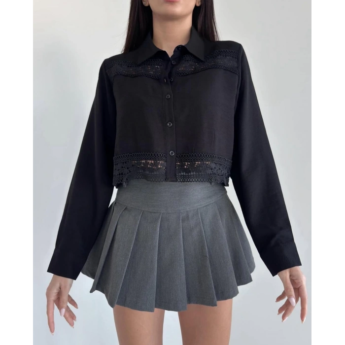 Siyah R.Dantel Detayli Bel Üstü Uzun Kol Gömlek