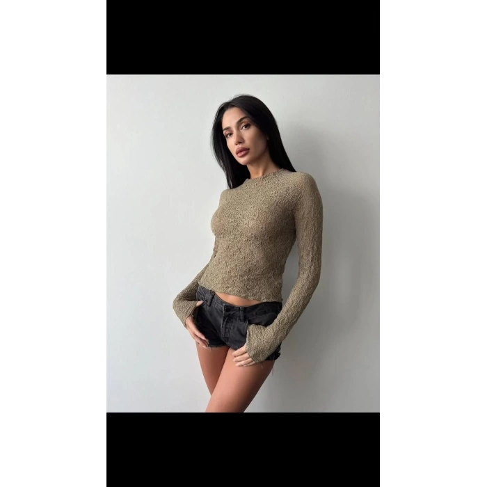 Yeşil R.Dantel Kumaş Ful Rikrali Uzun Kol Bayan Bluz