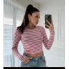 Çizgili Kısa Bayan Uzun Kol Rikralı Bayan Crop