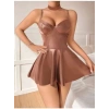 Kahverengi R. Deri Pileli Seksi Elbise