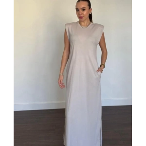 Omuz Vatkalı Gri R.Esnek Yan Yırtmacli Uzun Elbise