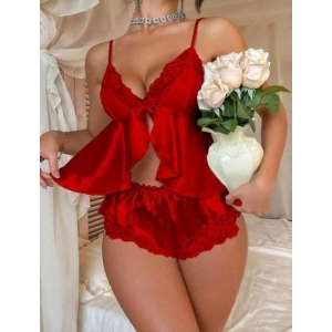 Kırmızı R. Dantelli Saten Şort Takım