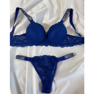 Mavi R. Dantelli Destekli Kenar Taş İşlemeli İkili Sütyen Takım