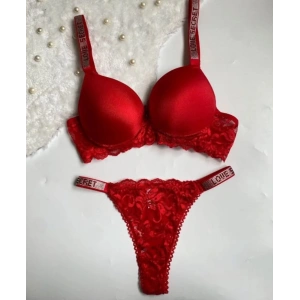 Kırmızı R. Dantelli Destekli Kenarı Taş İşlemeli İkili Sütyen Takımı