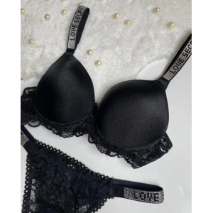 Siyah R.Dantelli Destekli Kenar Taşlı İkili Sütyen Takımı