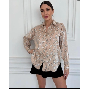 Kahve R. Saten Desenli Uzun Kol  Oversize Bayan Gölek