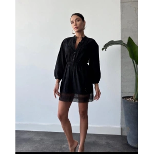 Siyah R. Gipeli Uzun Kol Dantel Gecişli Mini Elbise