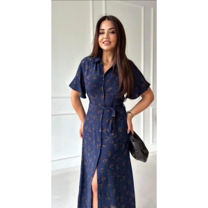 Lacivert R. Çiçek Desenli Kemerli Boydan Düğmeli Gömlek Ebise