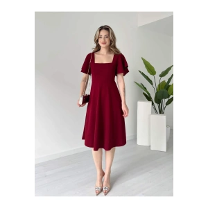 Bordo R. Kare Yaka Midi Boy Elbise