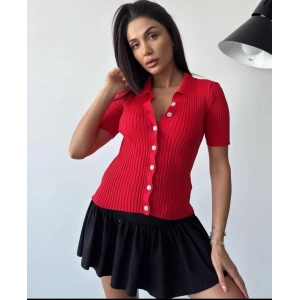 Kırmızı R. Fitilli Yarım Kol Düğme Taş Detaylı Bayan Bluz