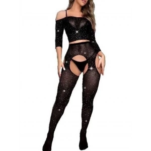 Siyah R. Taşlı File Seksi Kadın Vucut Çorabı