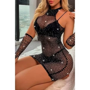Siyah R. Taşlı Seksi Kadın Elbise Vücut  Çorabı