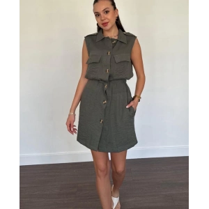 Haki R.Sıfır Kol Keten Önü Düğmeli Cepli Gömlek Elbise