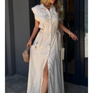 Keten Bej R.Önü Düğmeli Yanlar Kemer Detayli Gömlek Elbise