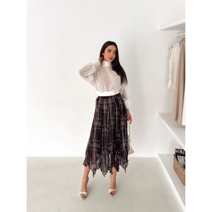 Ekose Baskılı Astarlı Şifon Etek