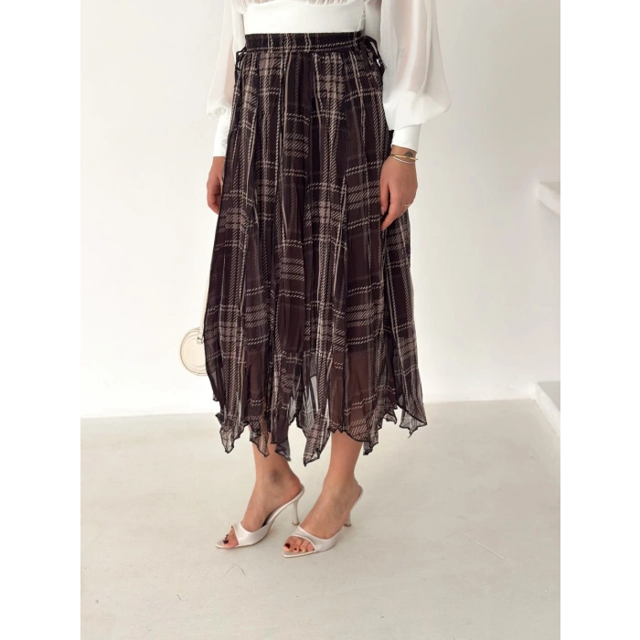 Ekose Baskılı Astarlı Şifon Etek