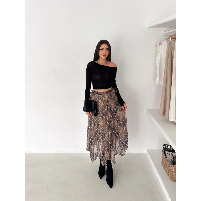 Plaid Baskılı Astarlı Şifon Etek