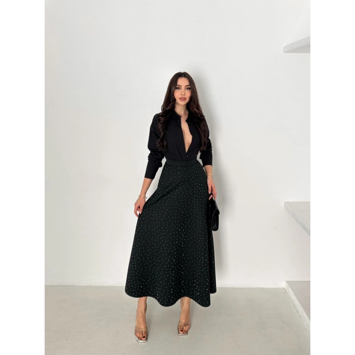 Siyah Taş İşlemeli Scuba Etek