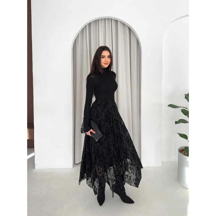 Siyah Flok Tüllü Astarlı Etek