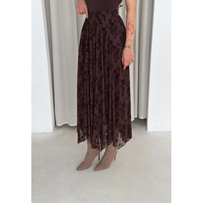 Kahve Flok Tüllü Astarlı Etek