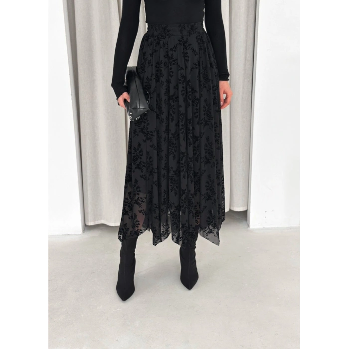 Siyah Flok Tüllü Astarlı Etek